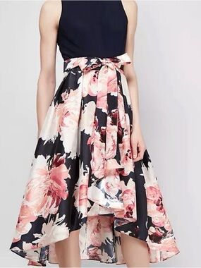 SLNY size 10 Floral High-Low A-Line Skirt with Waist Tie - Pink Floral on Black